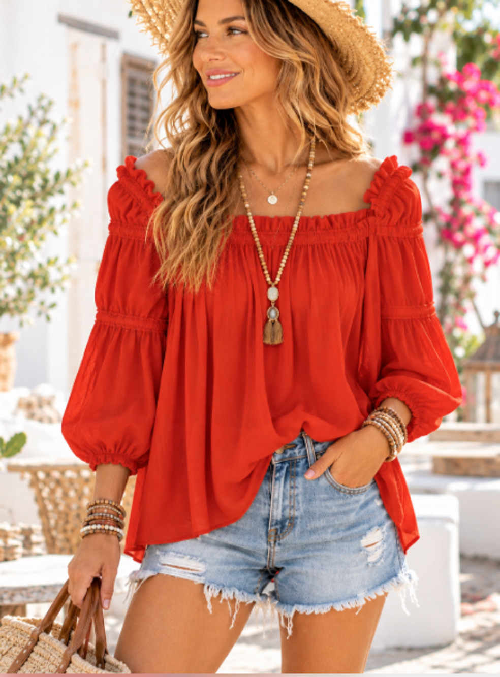CeCe red orange Off Shoulder Blouse medium boho victorian romantic fairy shirt